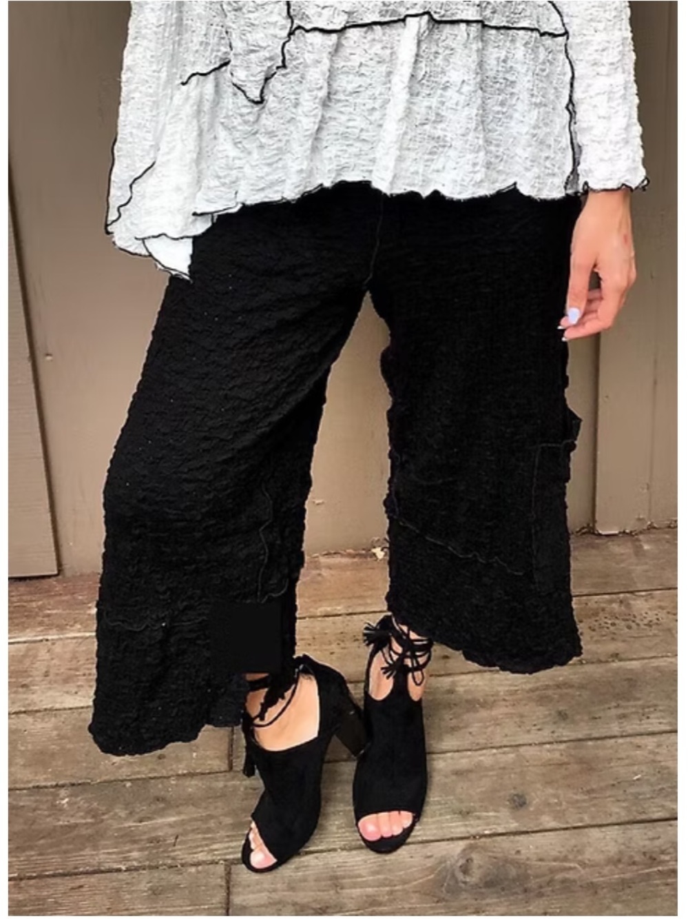 Noblu Black Pucker Pocket Cropped Pull On Pant Size Medium Lagenlook
